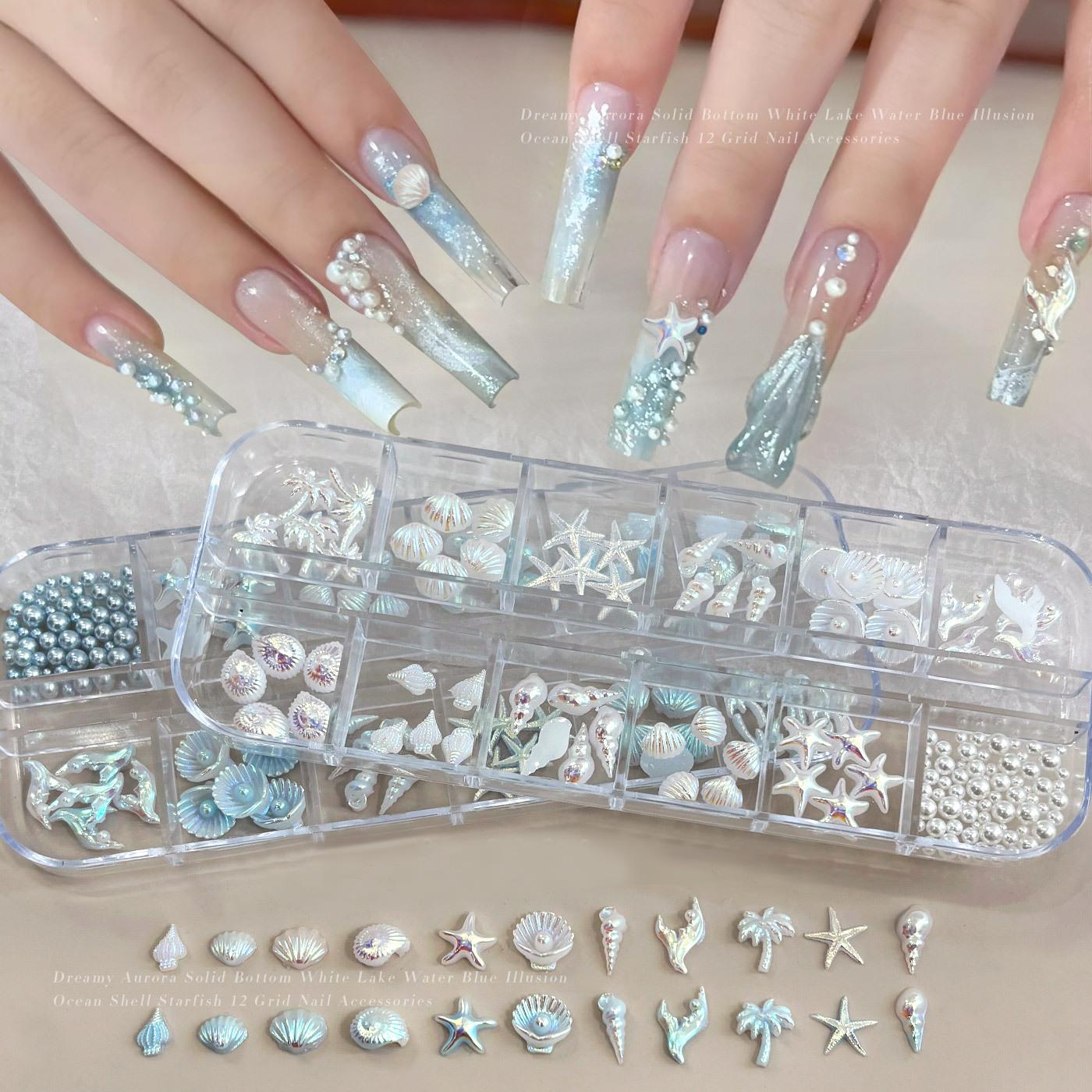 Resin Art Beach Theme - 12Grids 3D Gemengde Oceaan Stijl Nagelsticker