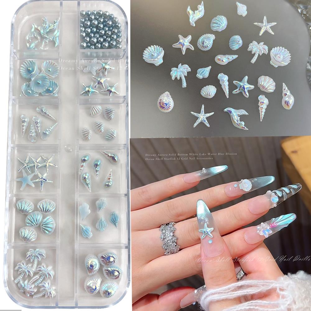 Resin Art Beach Theme - 12Grids 3D Gemengde Oceaan Stijl Nagelcharms